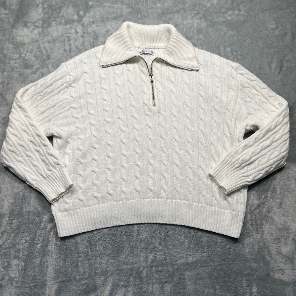 Hollister Cable Knit Sweater Womens Medium White Quarter Zip‎ Relaxed Pullover